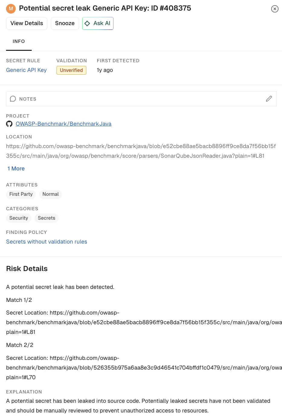 Secrets findings right sidebar