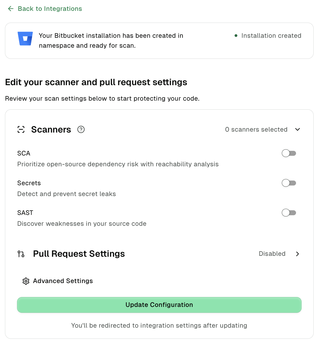 Bitbucket Cloud integration Scanners options