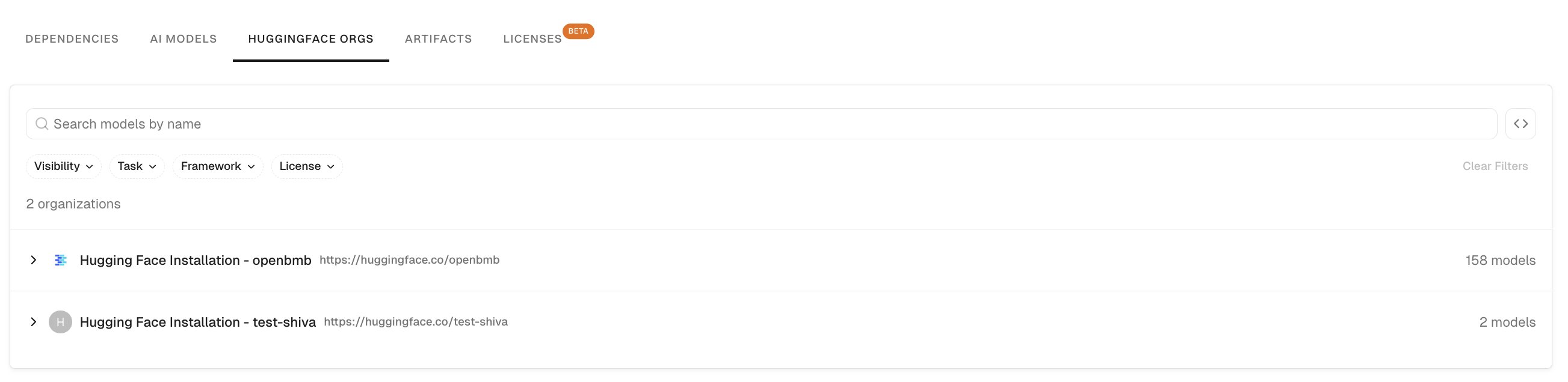 Hugging Face organizations UI