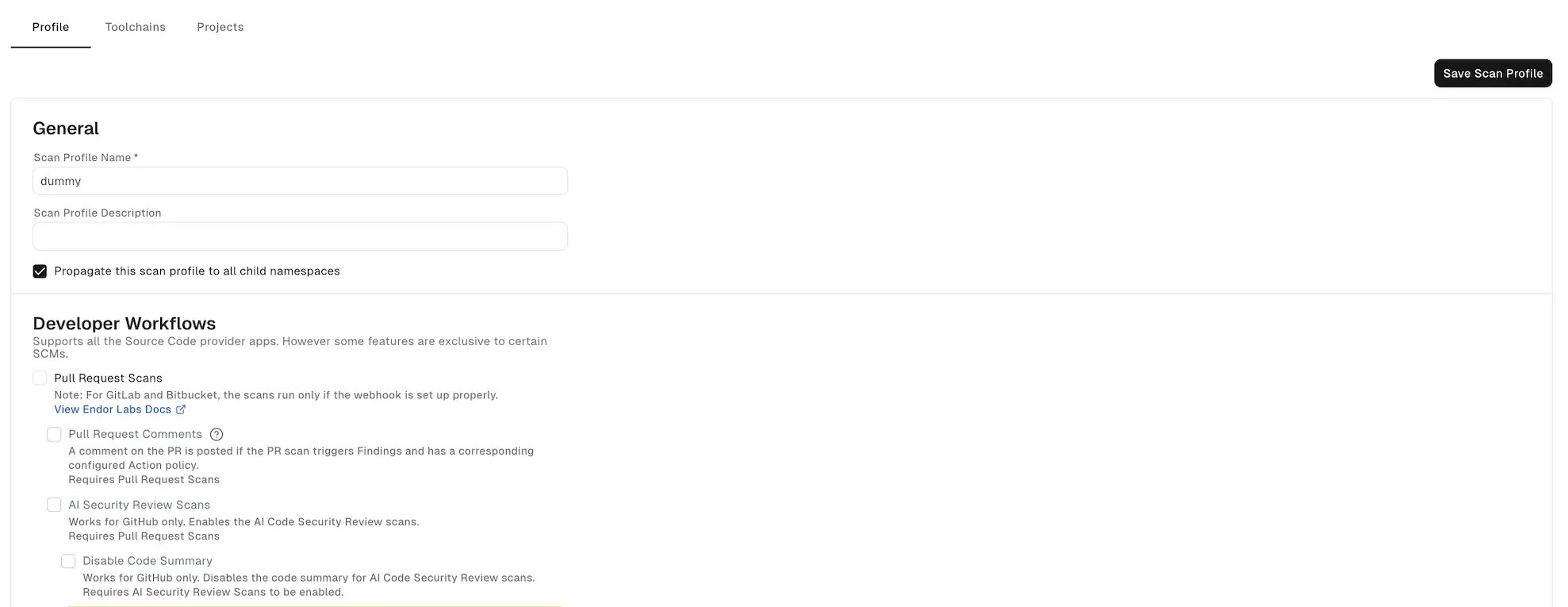 Configure PR scans for selected projects