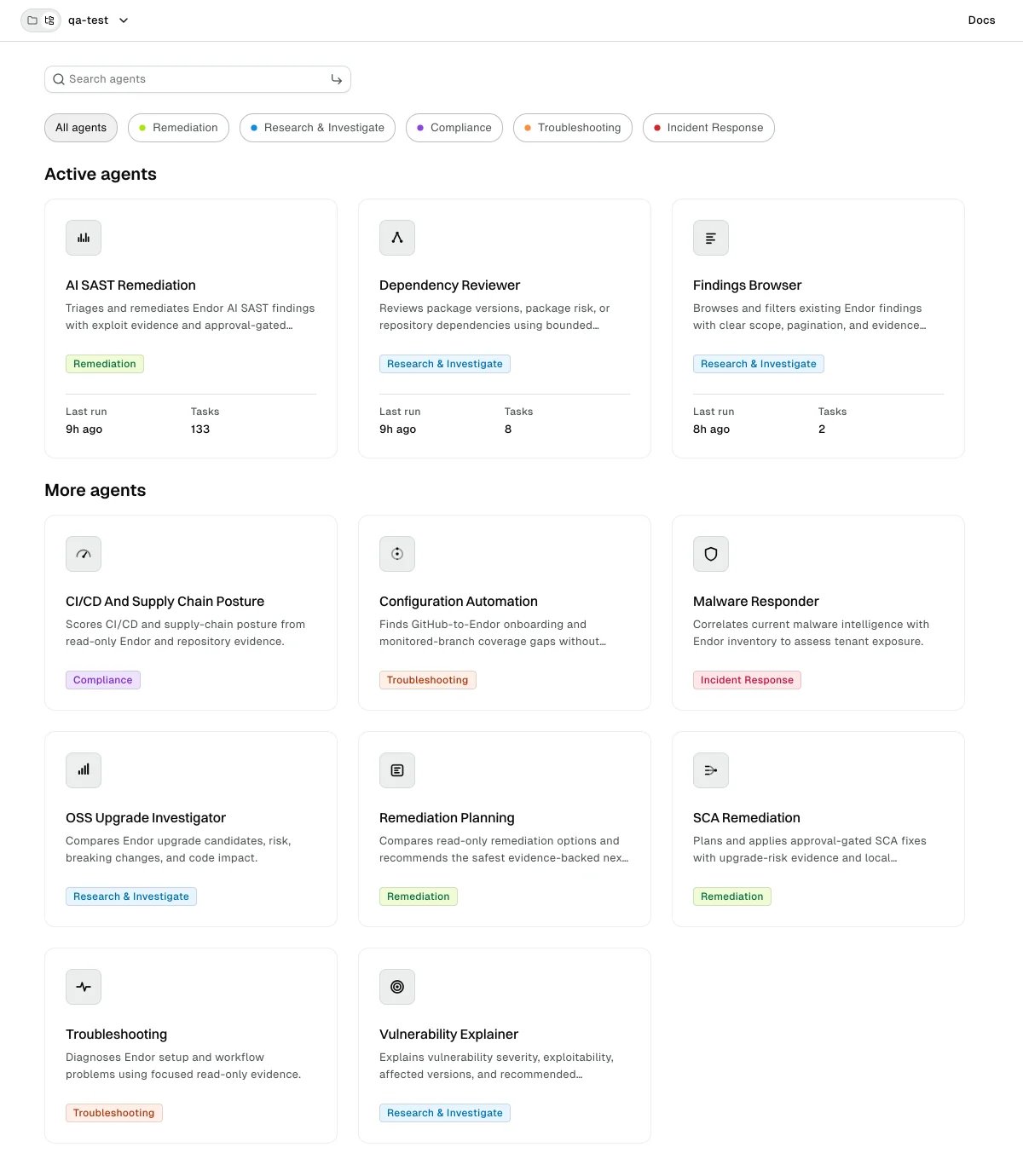 Agents Hub catalog with Active agents and More agents sections