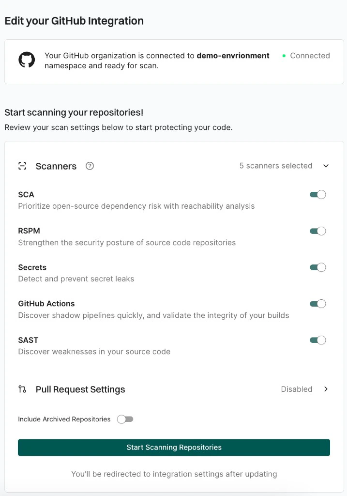 Edit your GitHub Integration showing scanners, Pull Request Settings, and Start Scanning Repositories