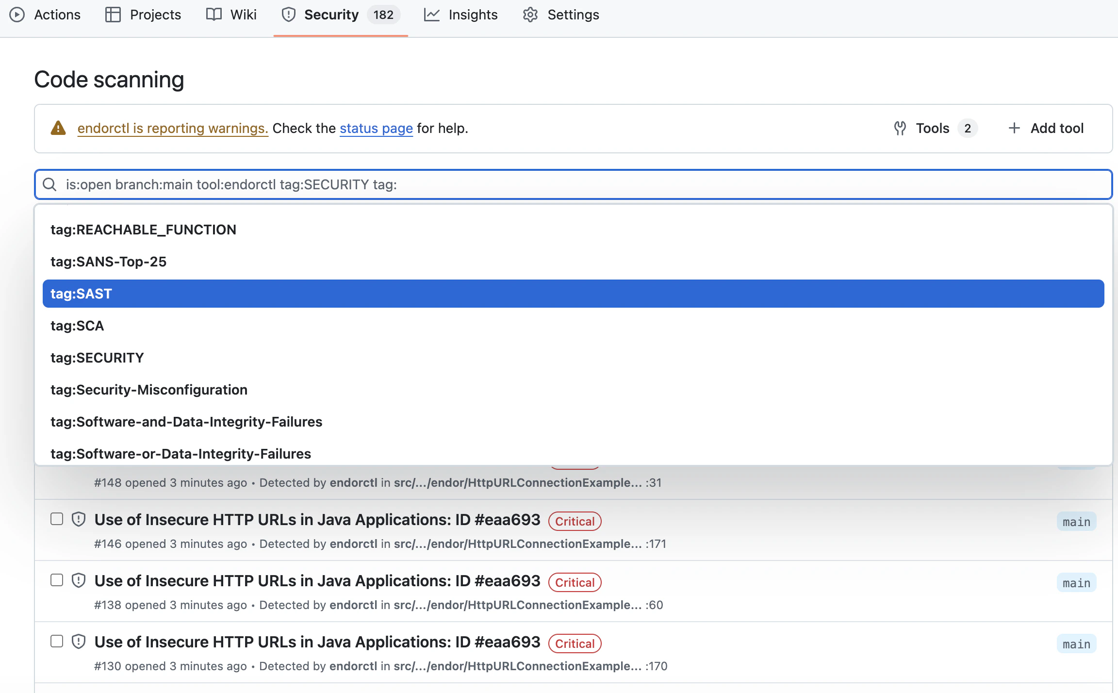 Filter findings by tags in GitHub