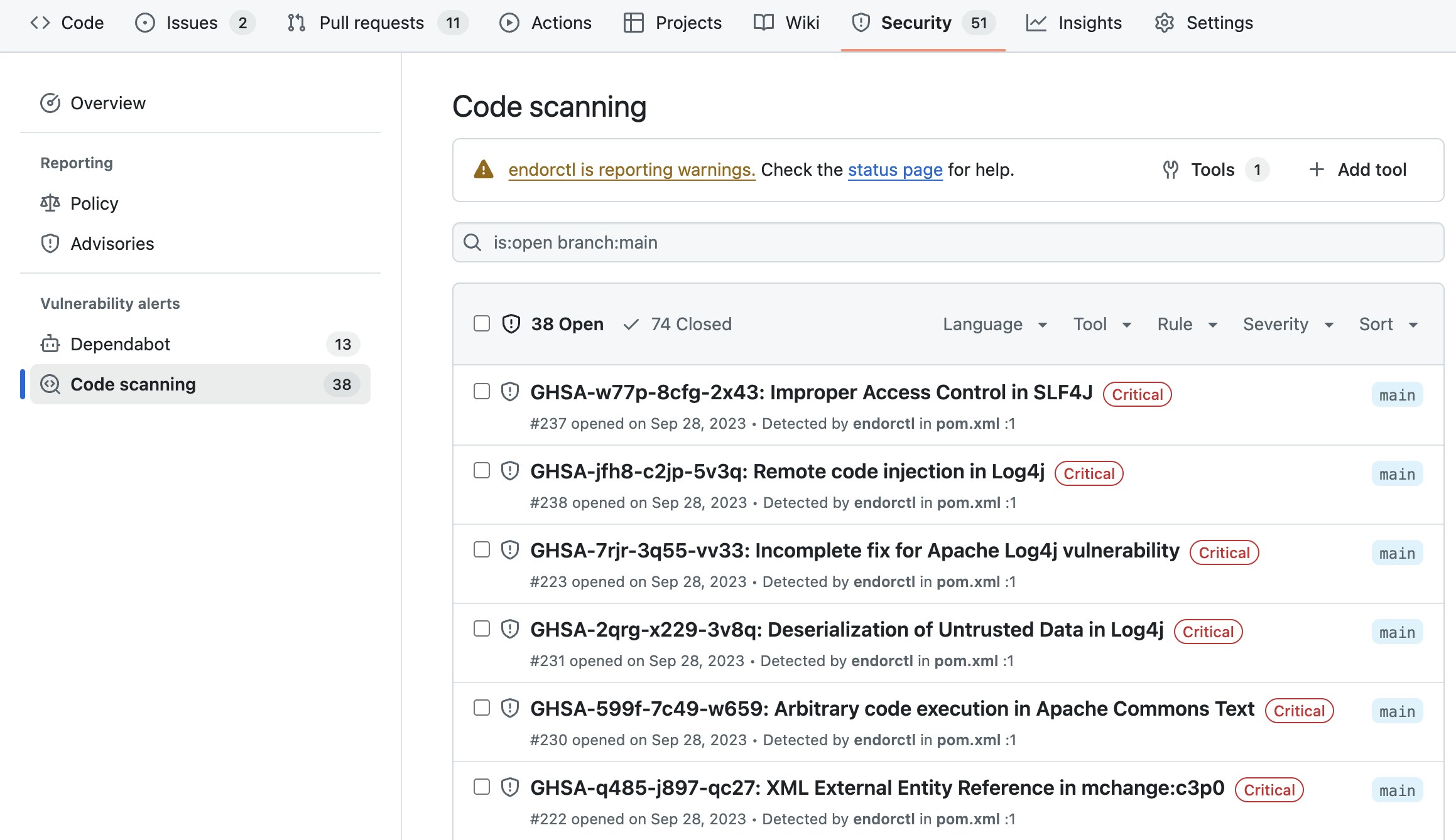 View findings in GitHub