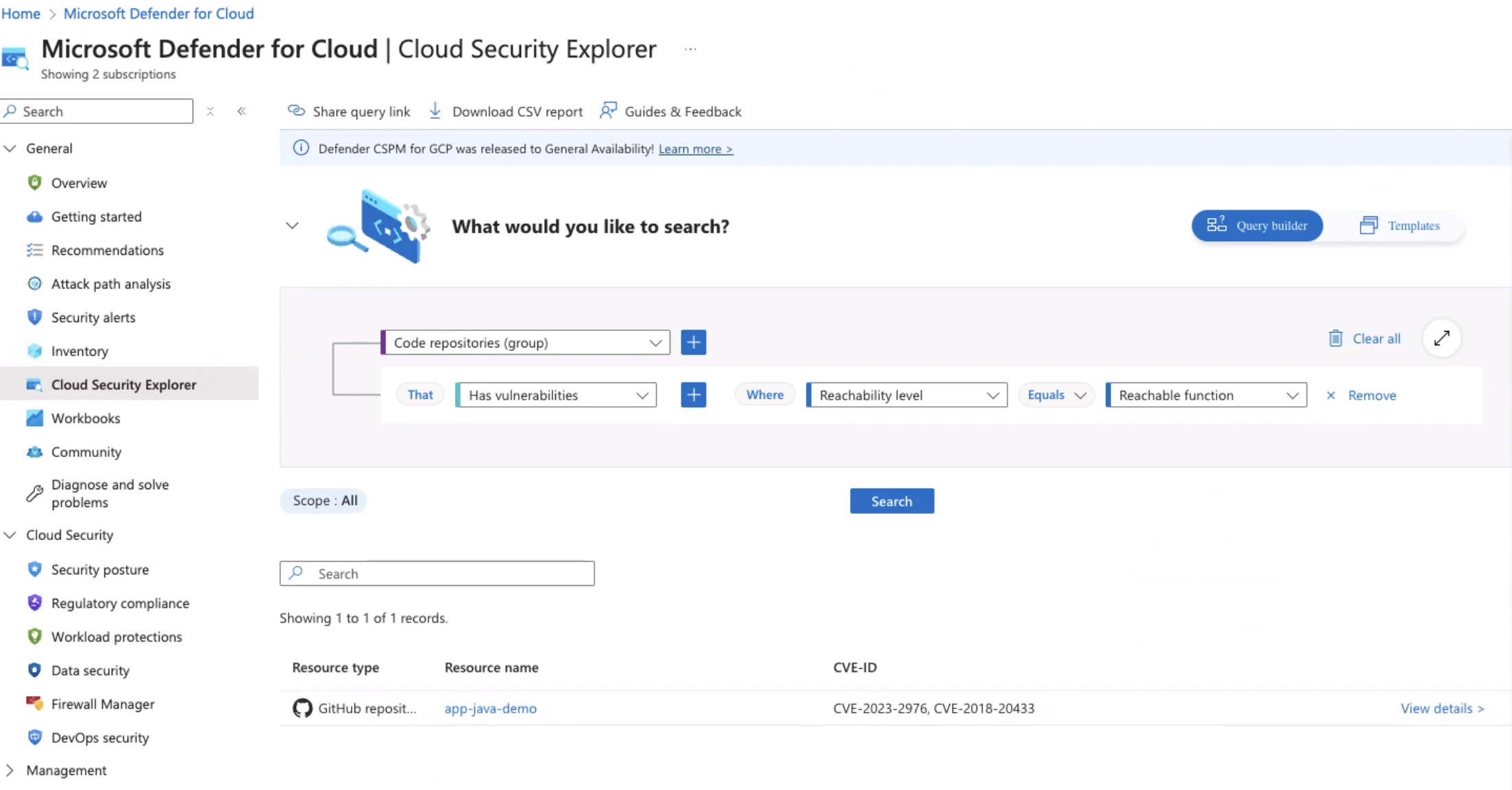 Defender for Cloud Search Results