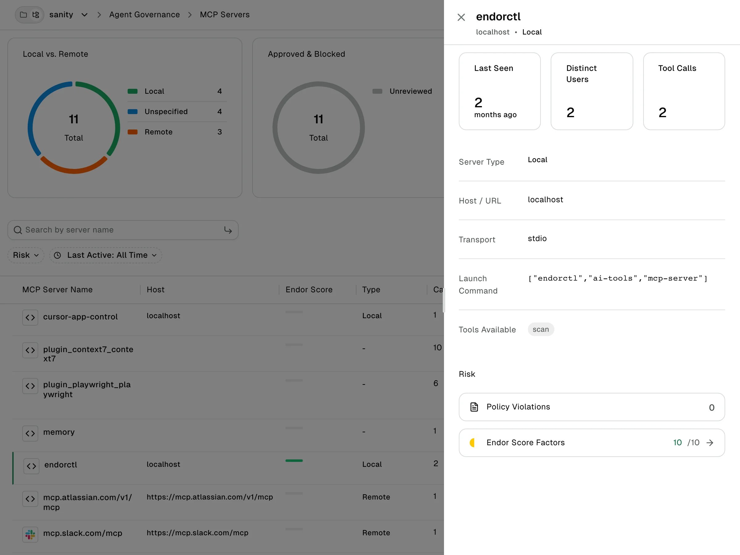MCP server detail drawer showing usage cards, the server details section, and the Risk section with the Endor Score Factors entry