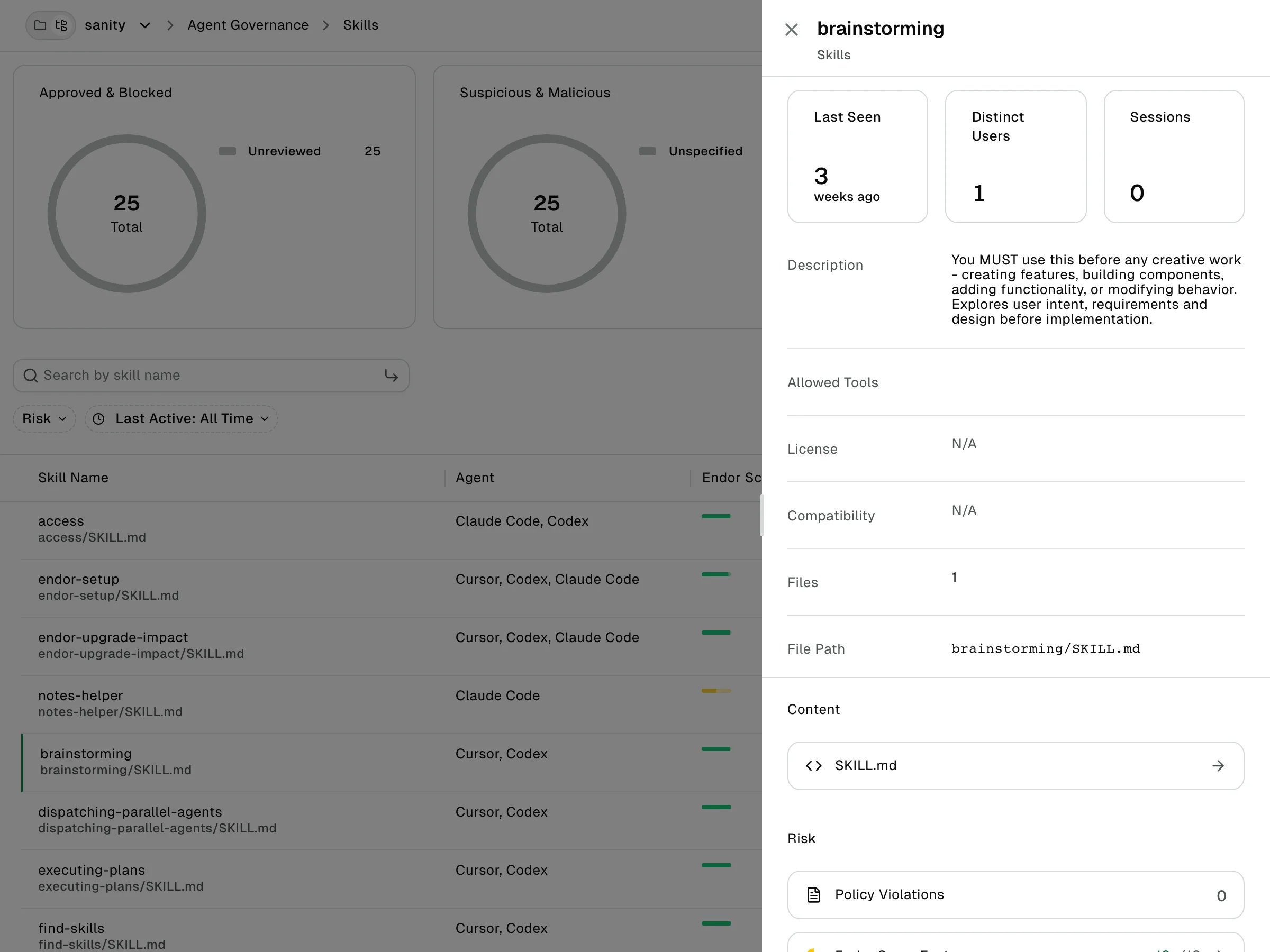 Skill detail drawer showing usage cards, frontmatter metadata, the SKILL.md content entry, and the Risk section