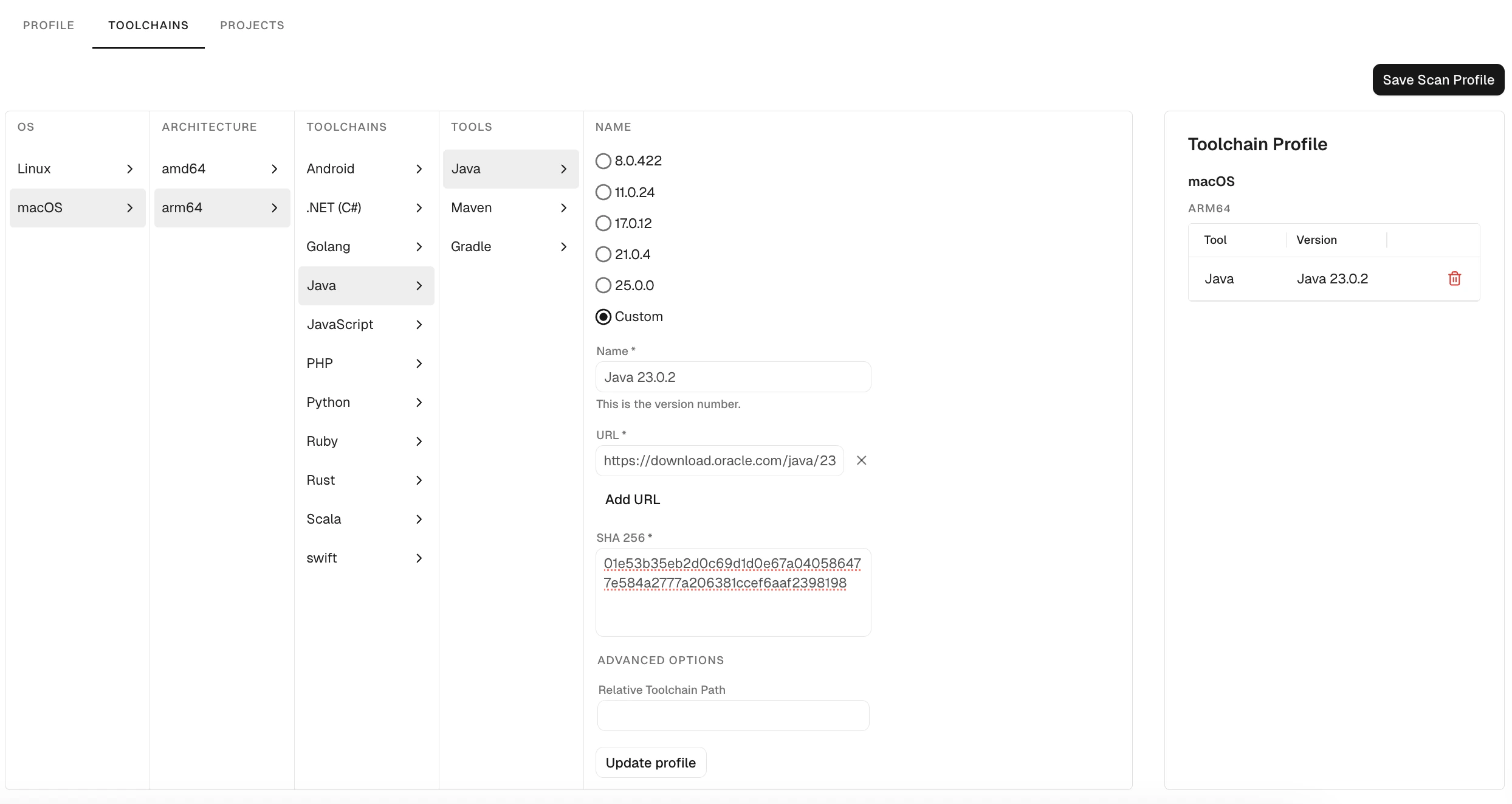 Custom toolchain version for Java which is not provided by Endor Labs