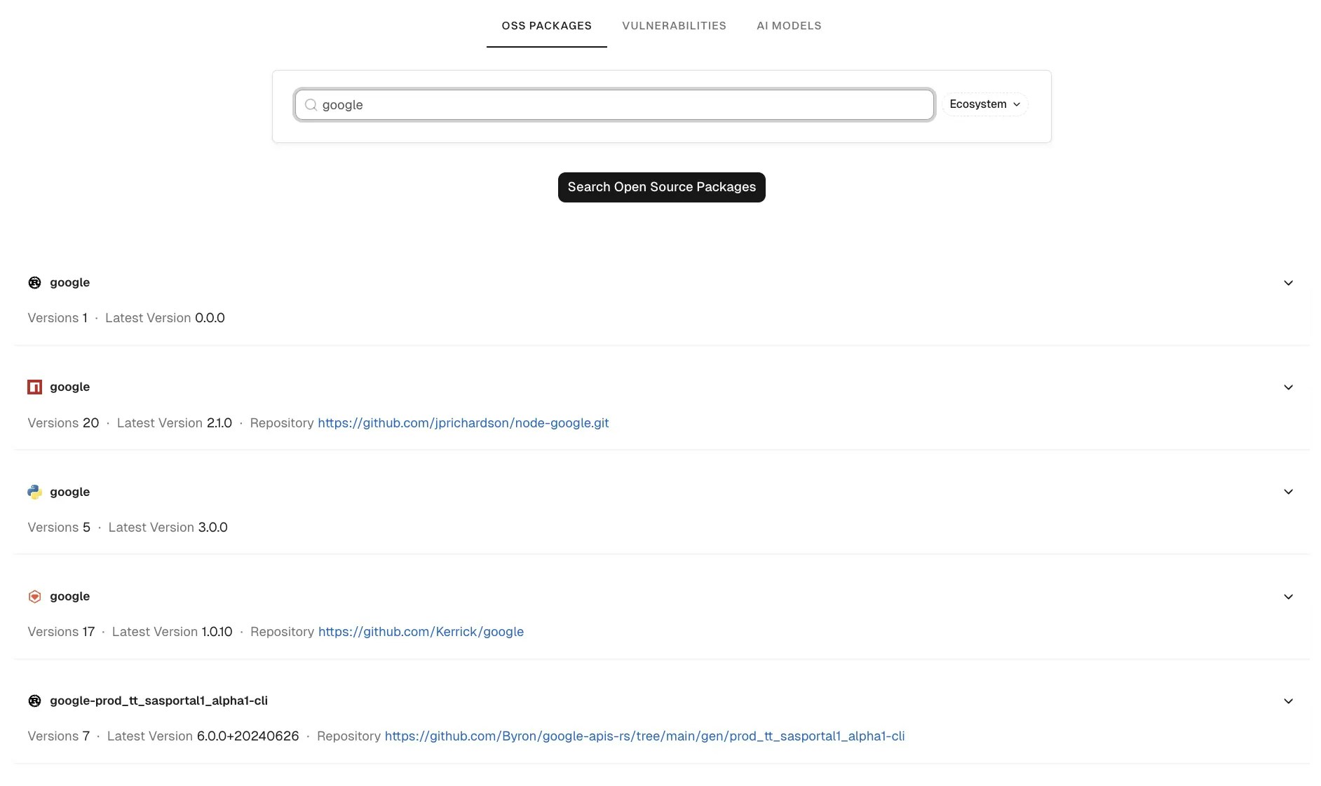 Open source packages search and list