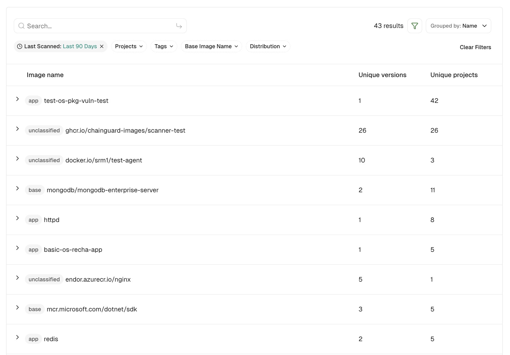 Containers list in the Endor Labs user interface