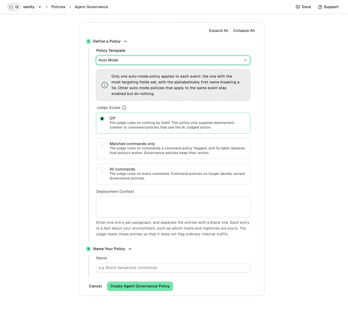 Auto Mode policy template with the Judge Scope options and the Deployment Context field