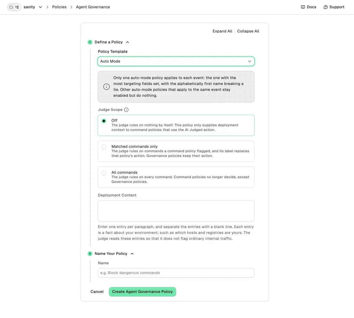 Auto Mode policy template with the Judge Scope options and the Deployment Context field