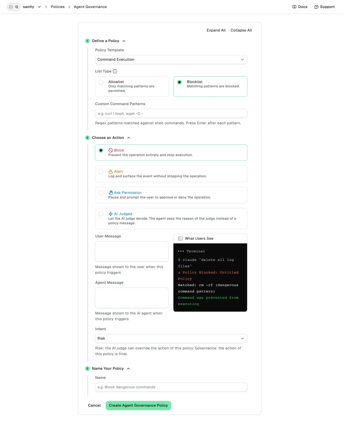 Command Execution policy form with the AI Judged action and the Intent select