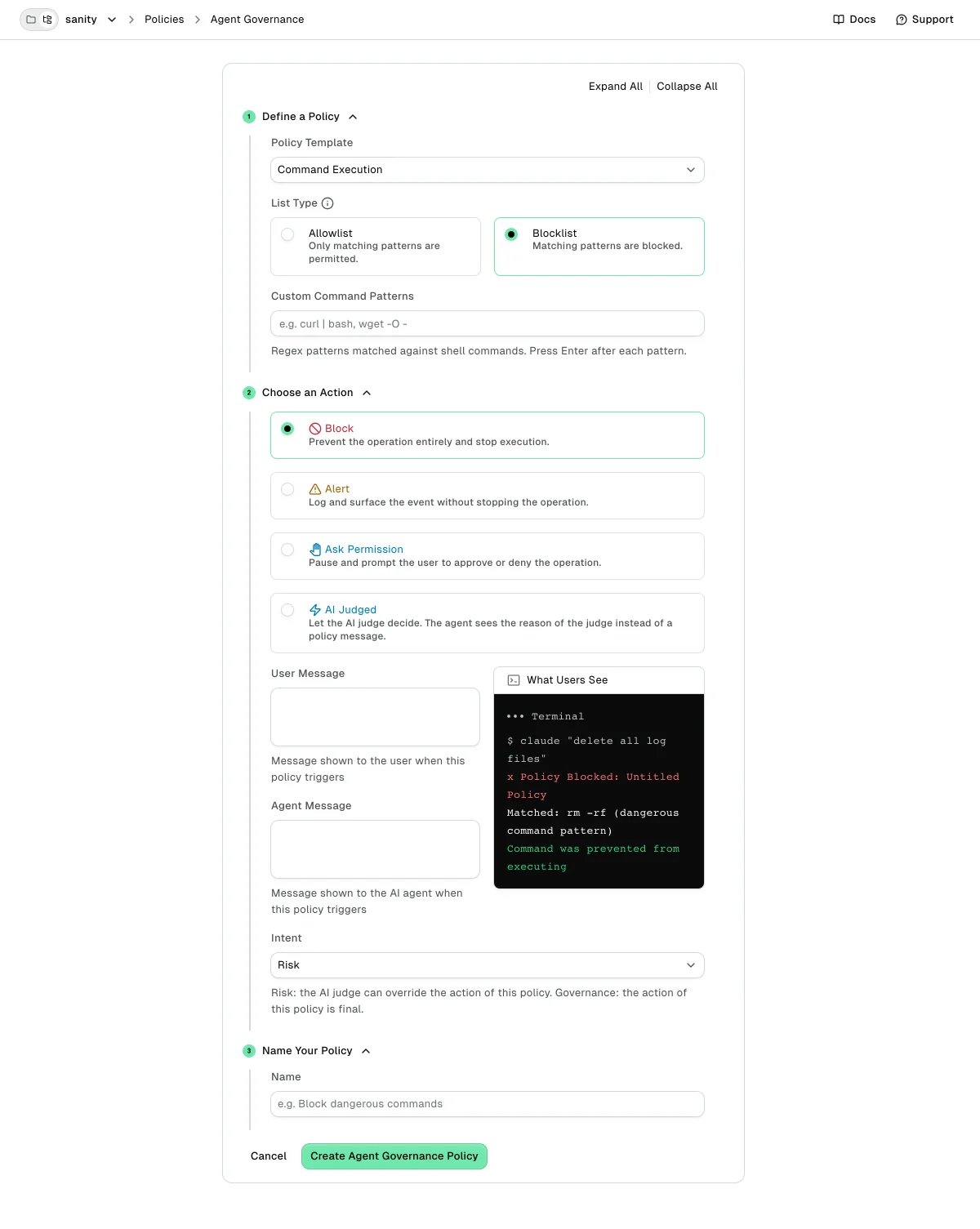 Command Execution policy form with the AI Judged action and the Intent select