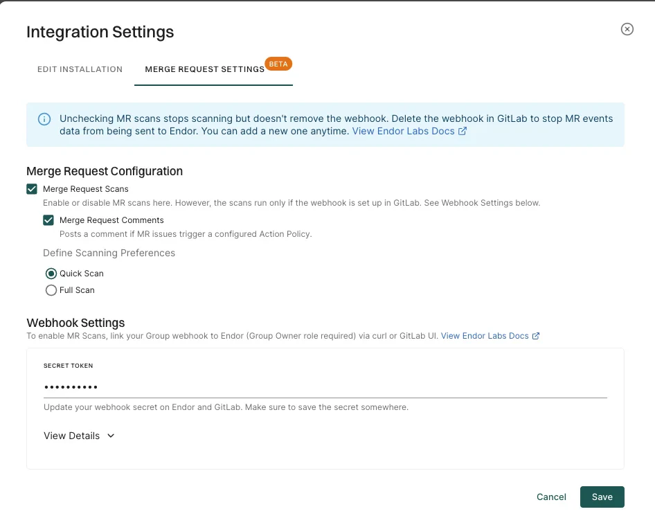 GitLab App MR scan update webhook secret