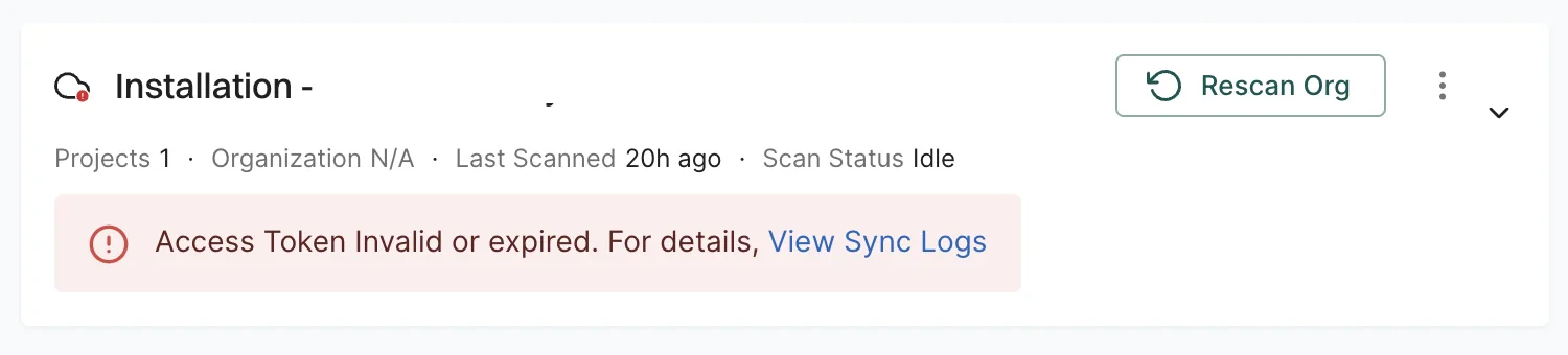Sync logs showing error