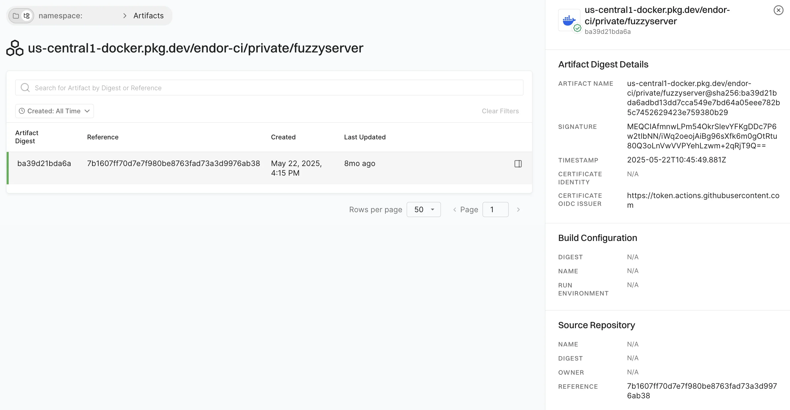 View artifact digest details