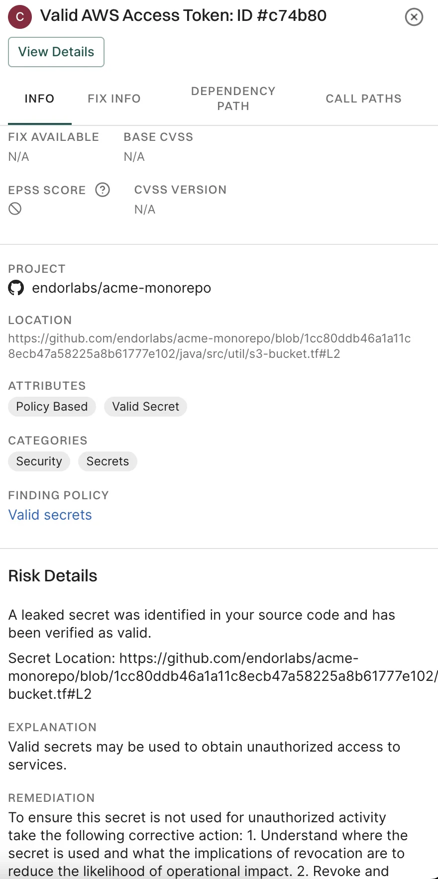 Secrets findings right sidebar