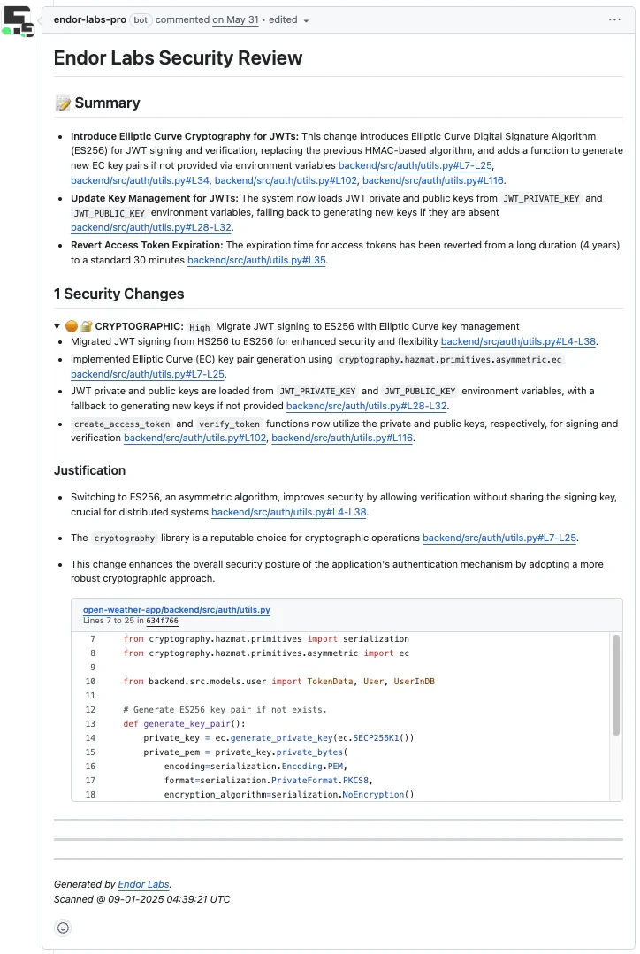 Security Review GitHub pull request comment