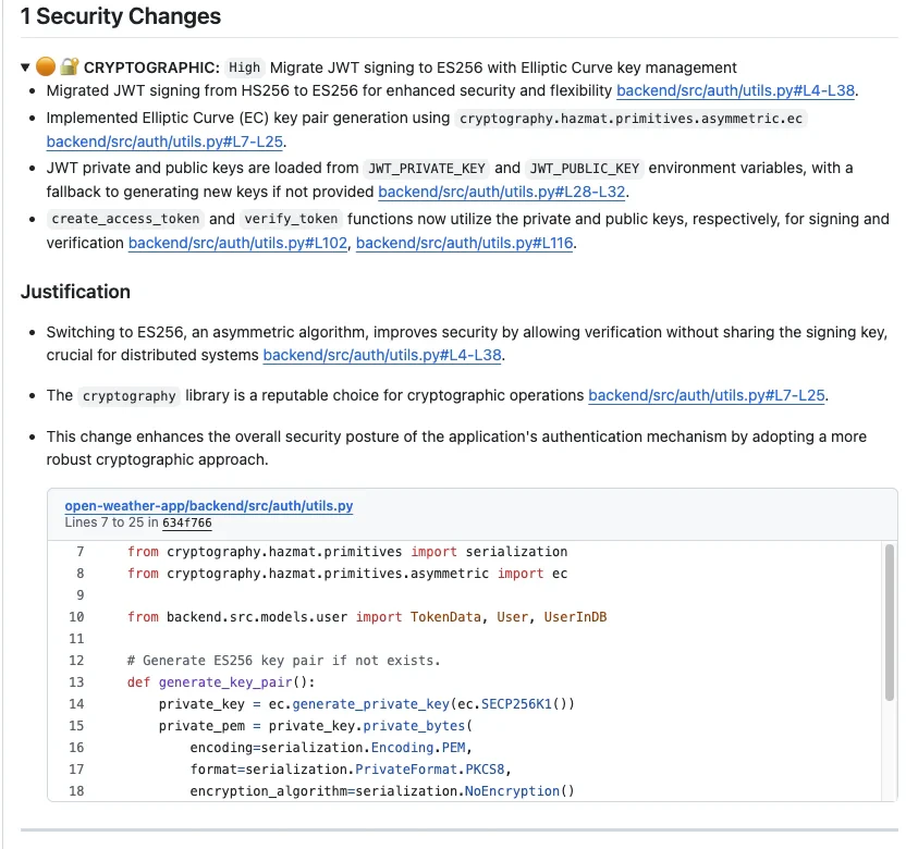AI security code review PR comment security changes
