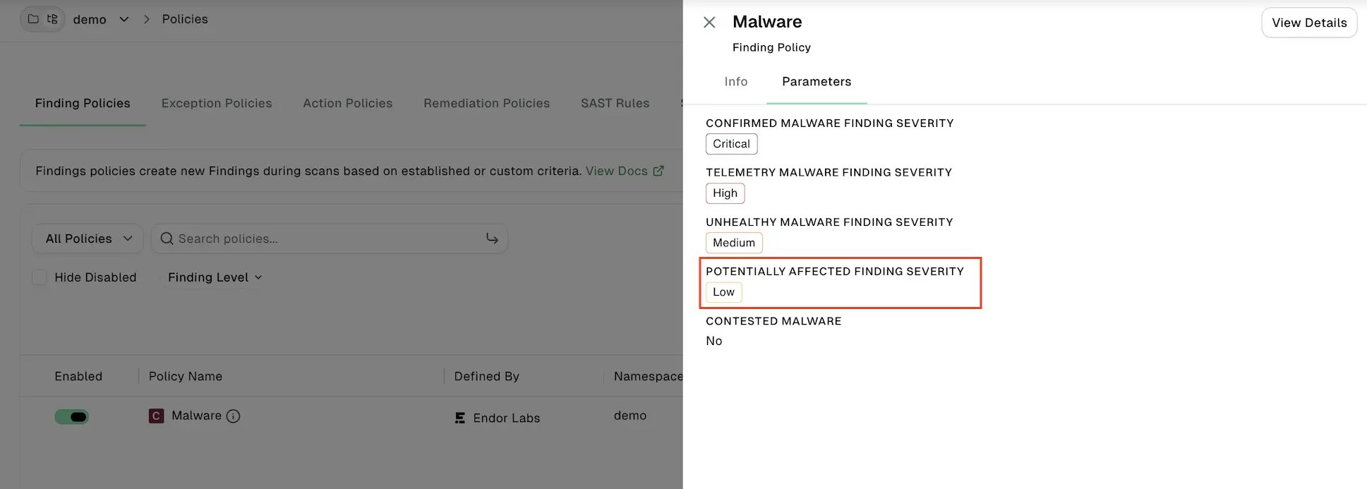 Configure potentially affected finding severity