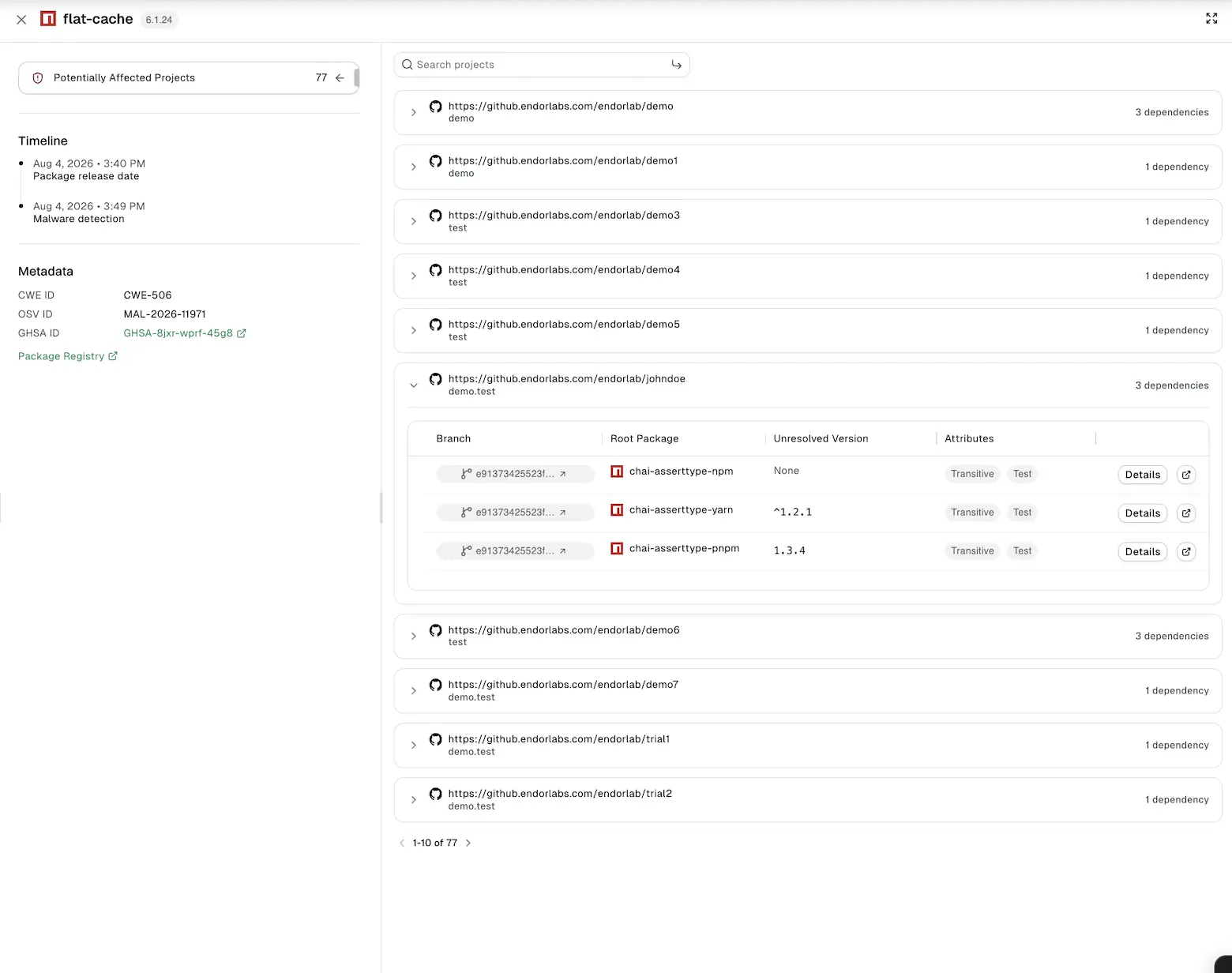Malicious package detail with its Timeline and Metadata, and the potentially affected projects with their dependency paths