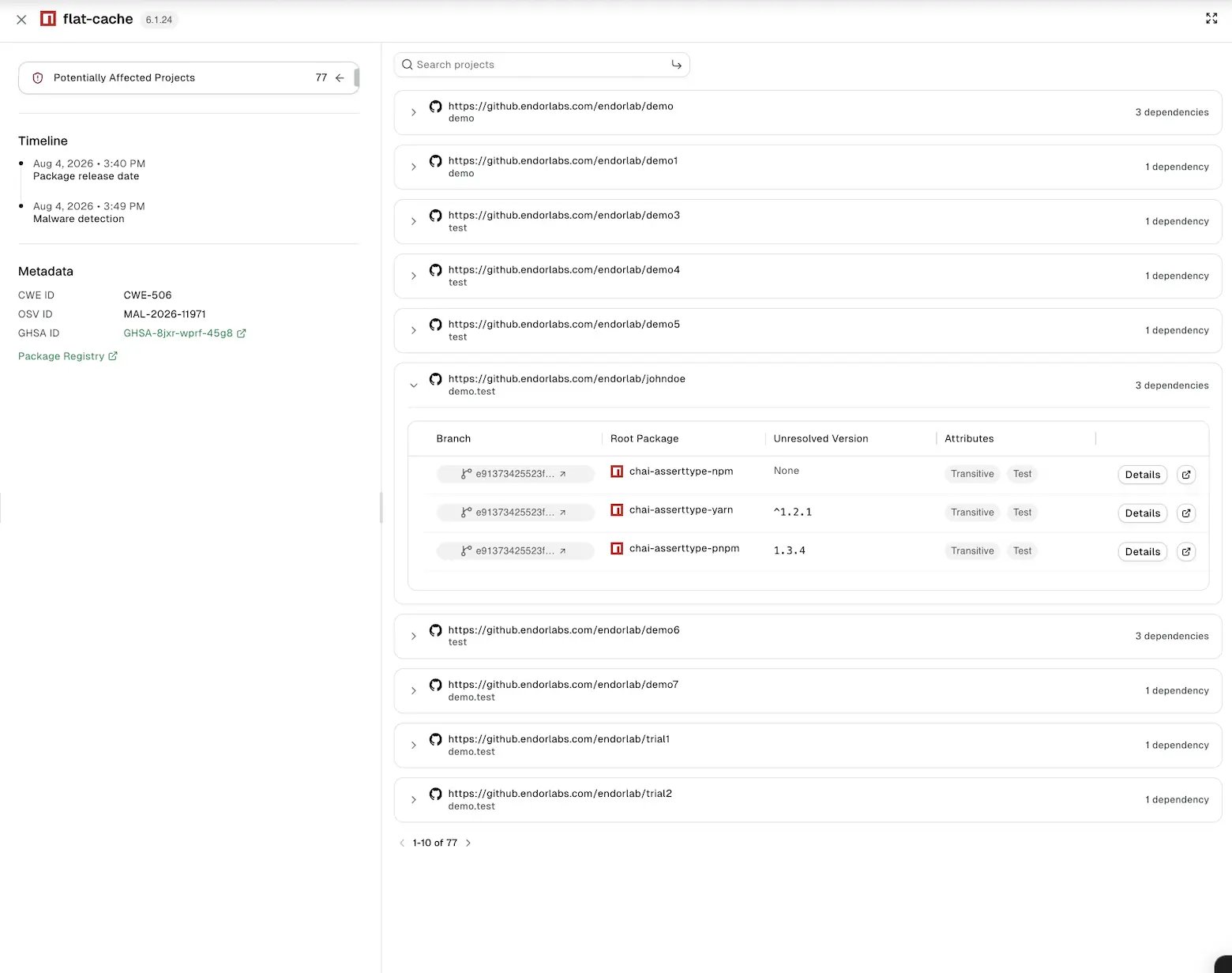 Malicious package detail with its Timeline and Metadata, and the potentially affected projects with their dependency paths