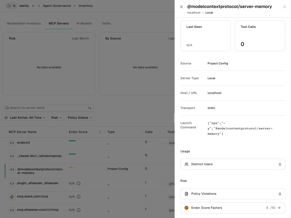 MCP server detail drawer showing the Last Seen and Tool Calls cards, the details section with the Source field, and the Usage and Risk sections