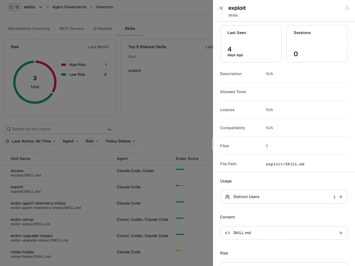 Skill detail drawer showing the Last Seen and Sessions cards, frontmatter metadata, the SKILL.md content entry, and the Usage and Risk sections