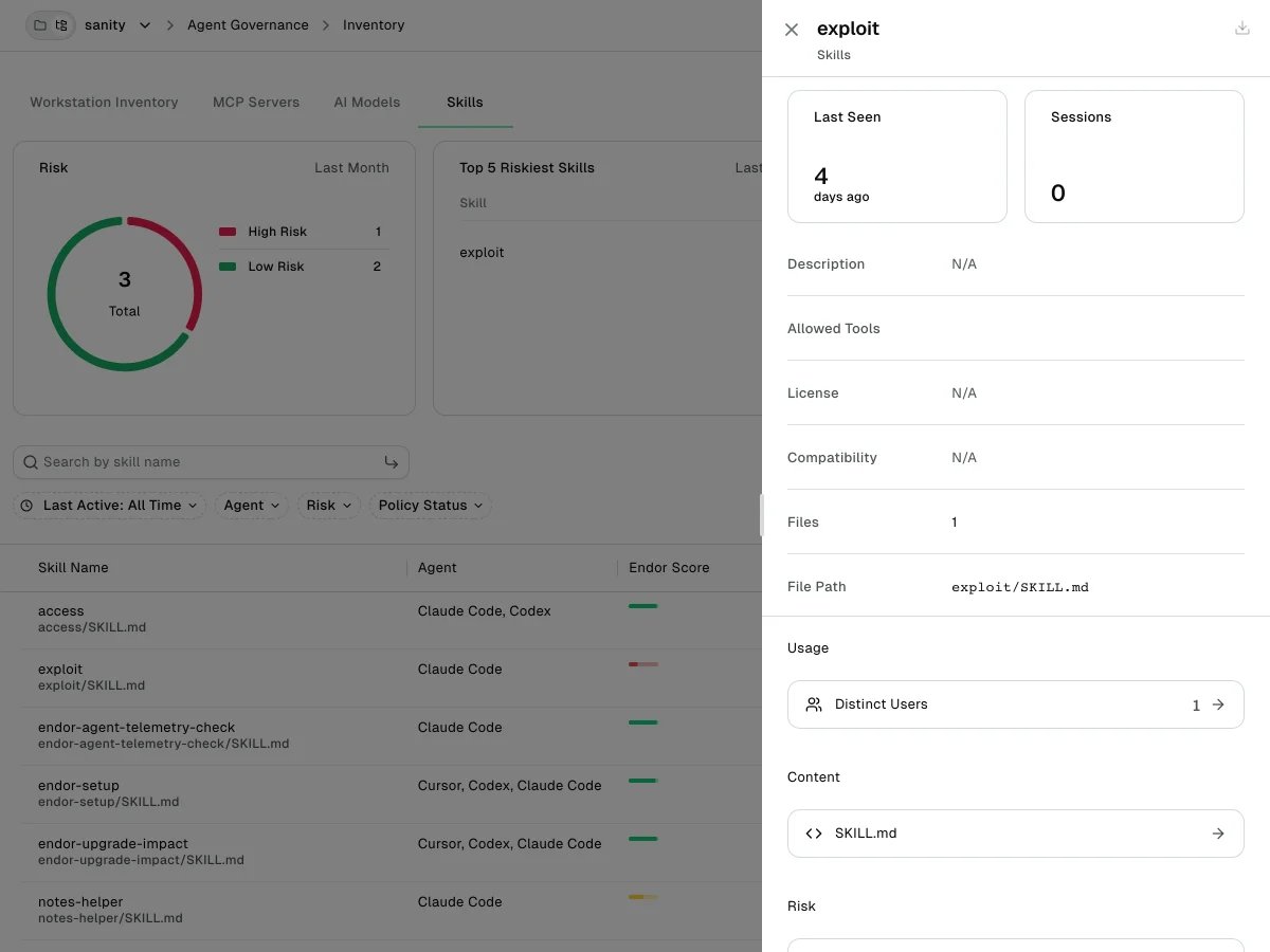 Skill detail drawer showing the Last Seen and Sessions cards, frontmatter metadata, the SKILL.md content entry, and the Usage and Risk sections