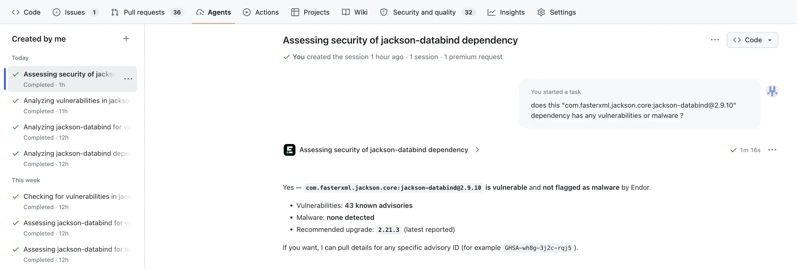 The agent's answer displayed in the GitHub Agents tab