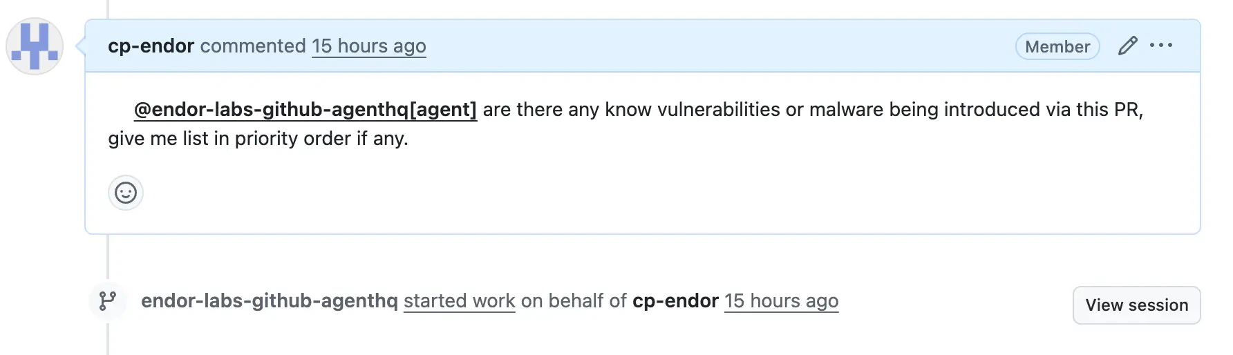 Pull request comment invoking the agent with a query