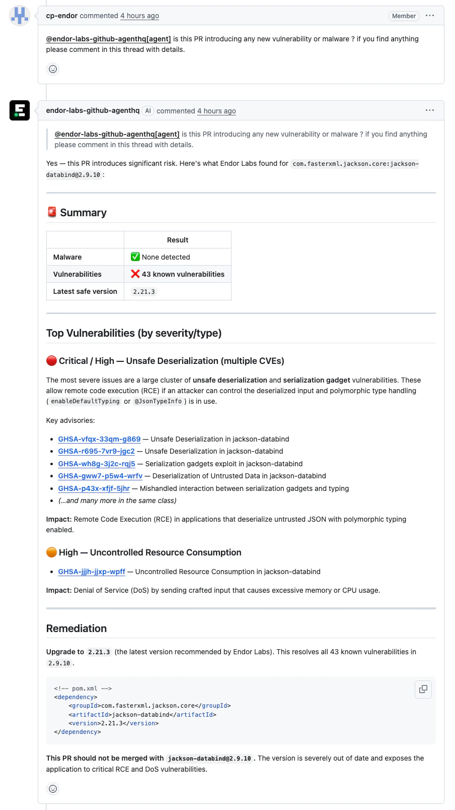 Agent's reply posted as a pull request thread comment