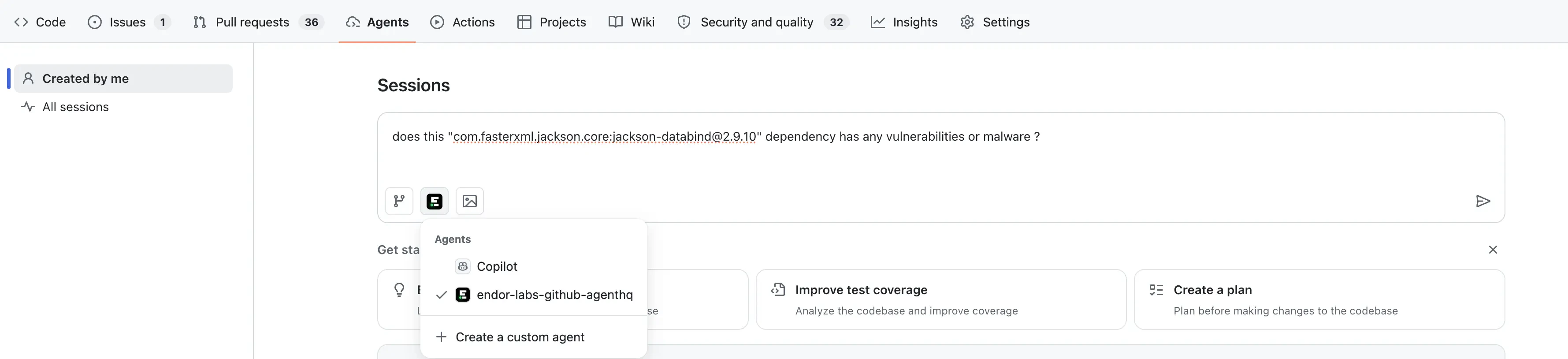 Selecting endor-labs-github-agenthq from the agent dropdown in the GitHub Agents tab