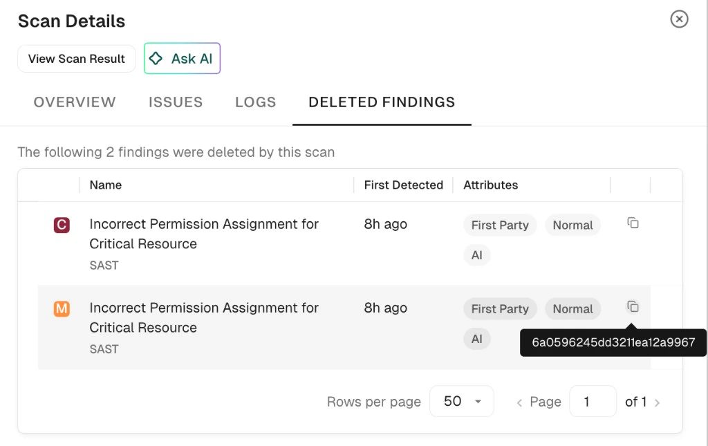 Scan history deleted findings