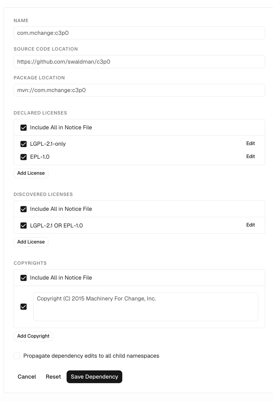 Edit dependency licenses
