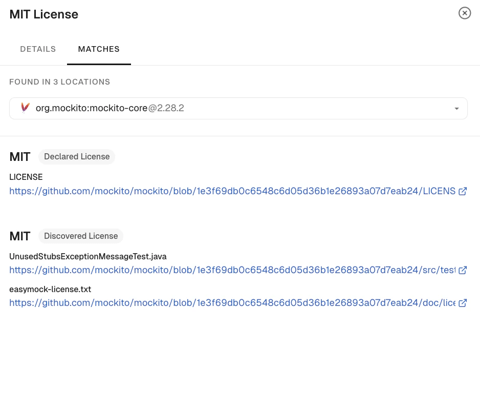 Project license matches tab
