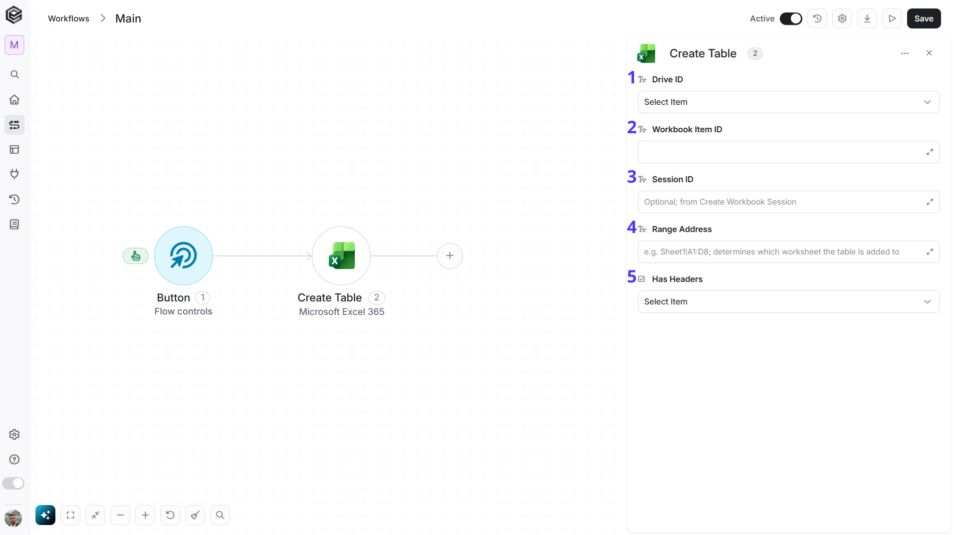 Microsoft Excel 365 — Create Table action