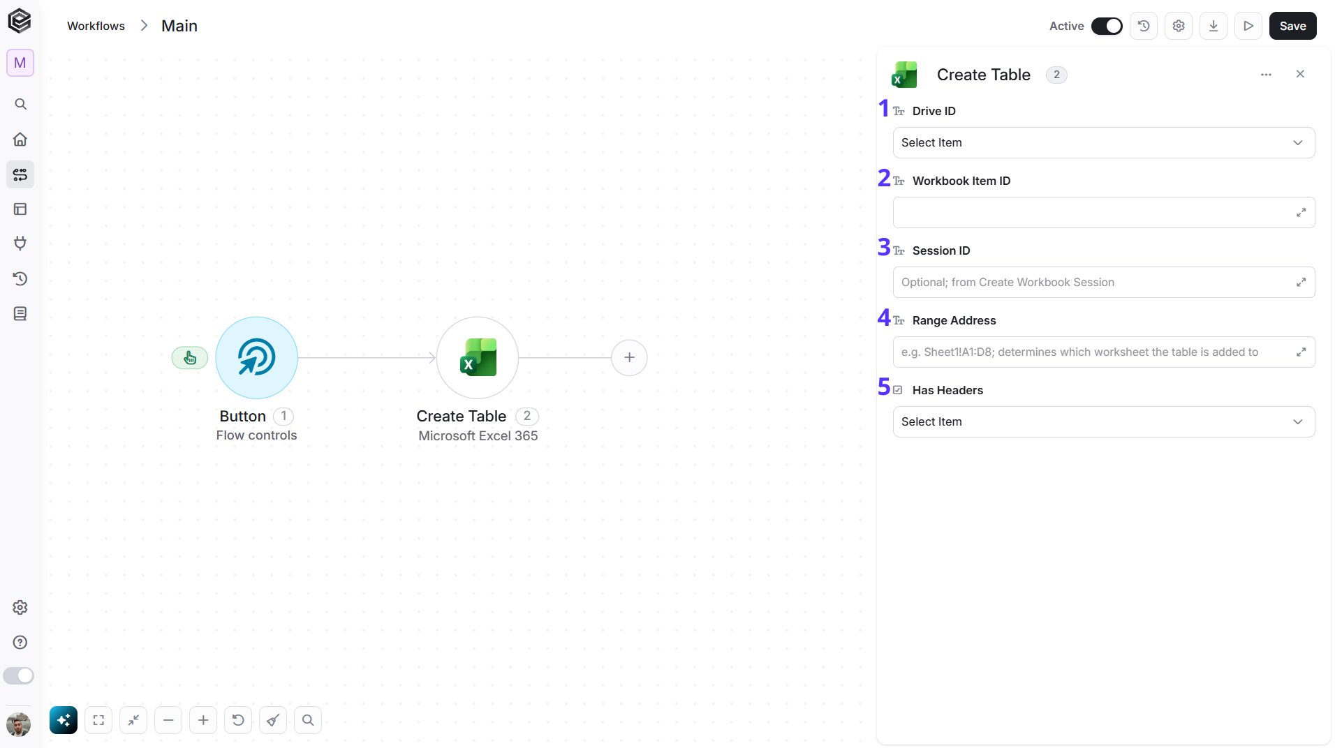 Microsoft Excel 365 — Create Table action
