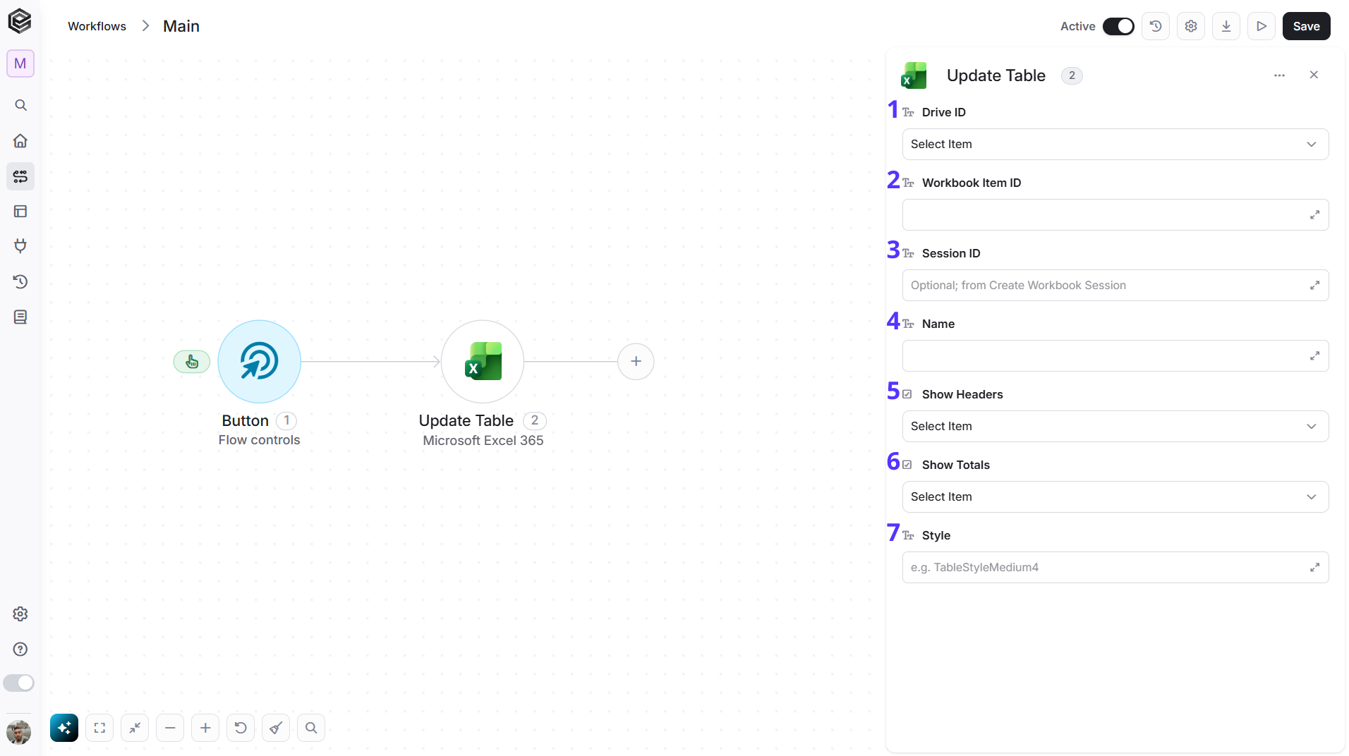 Microsoft Excel 365 — Update Table action