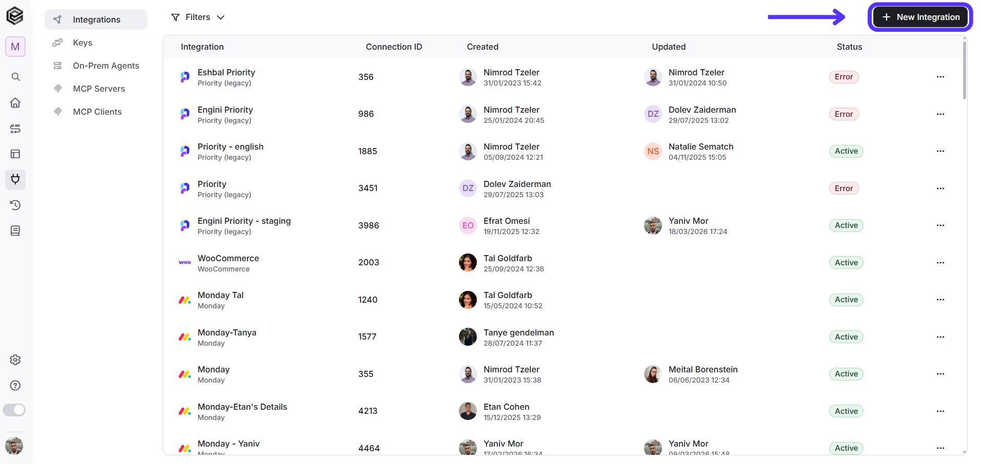 Engini — New Integration button