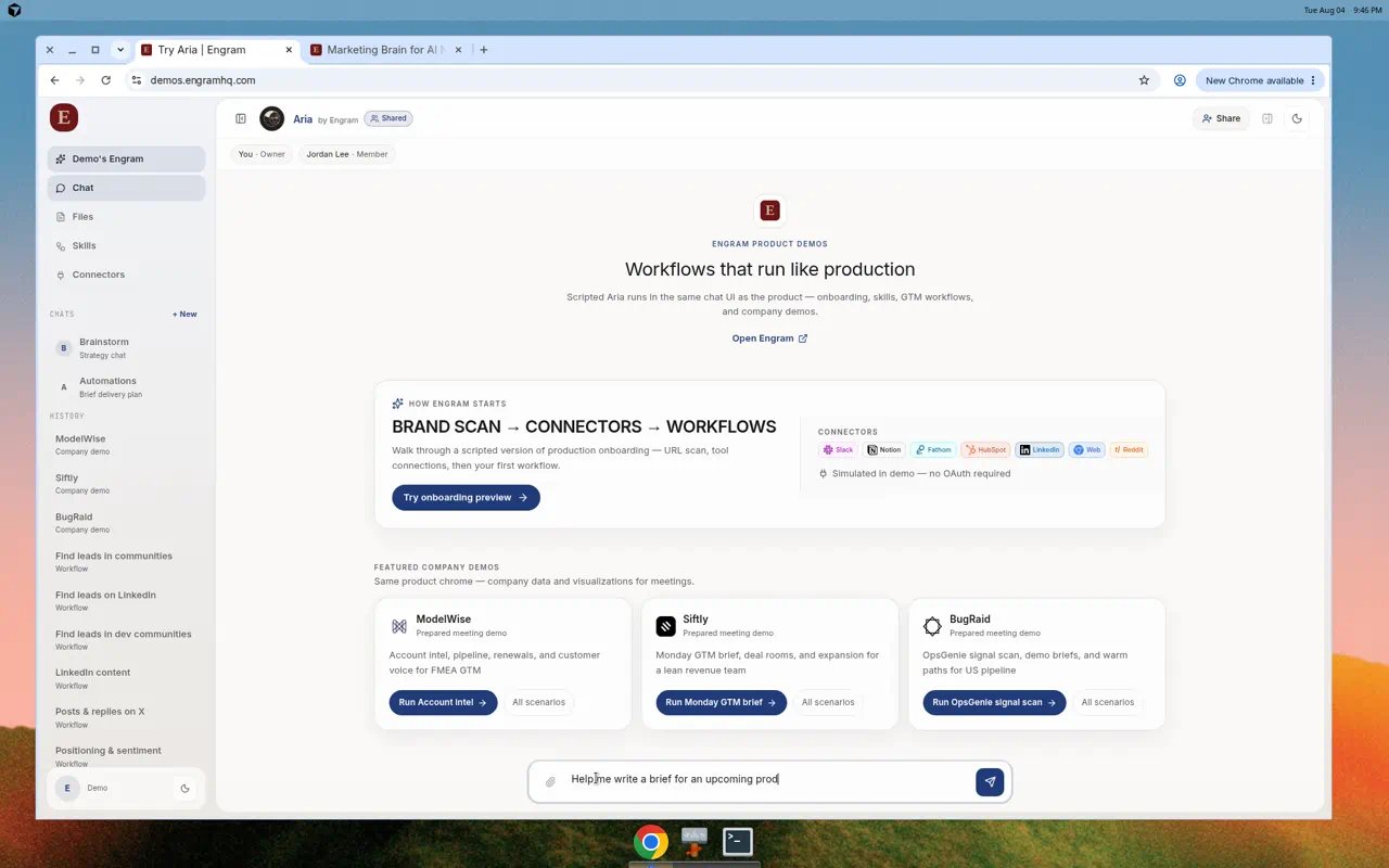 Screenshot of the Ask Aria composer with a product-launch brief draft