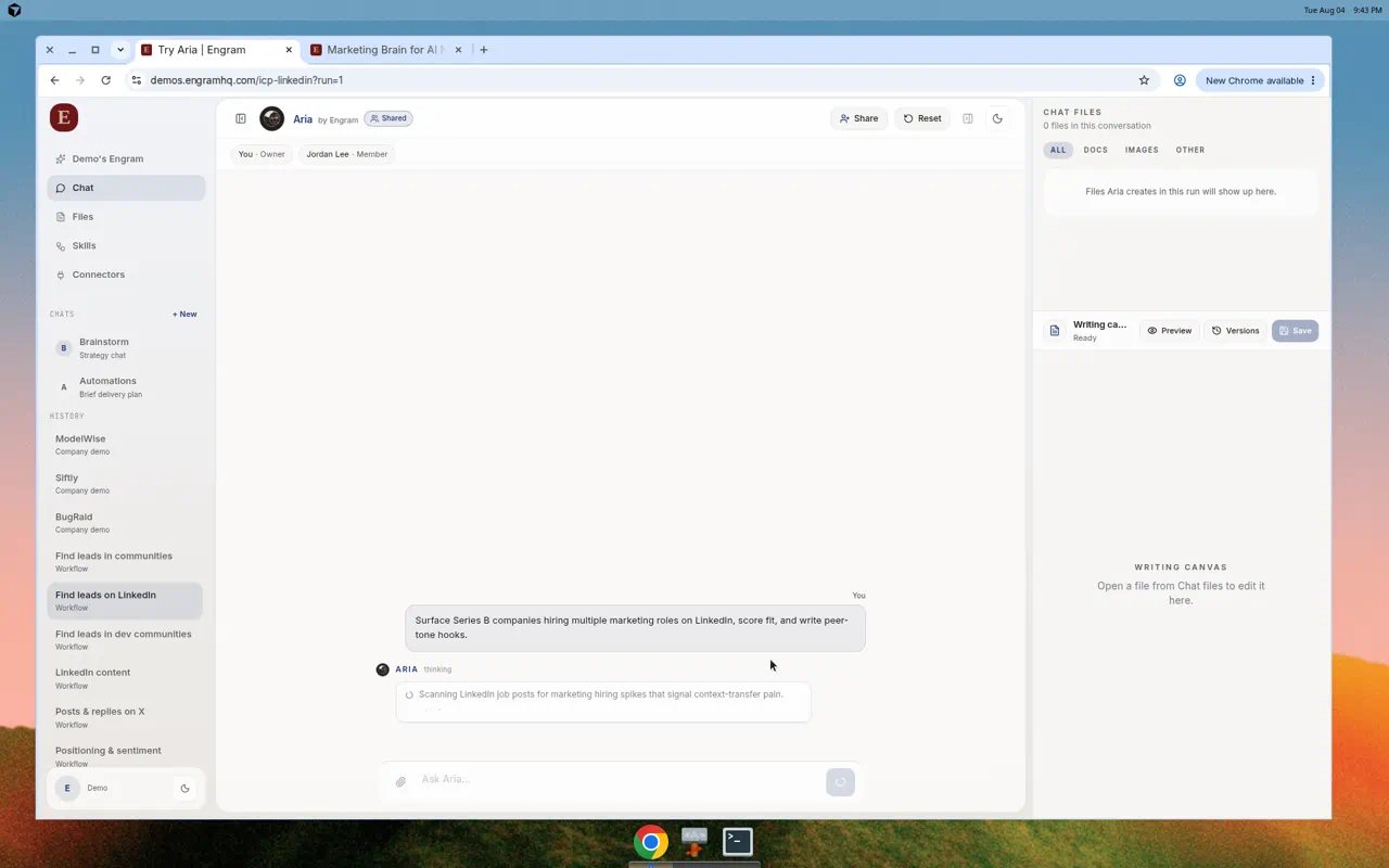 Screenshot of Aria chatting while scanning LinkedIn, with Chat files and Writing canvas panels