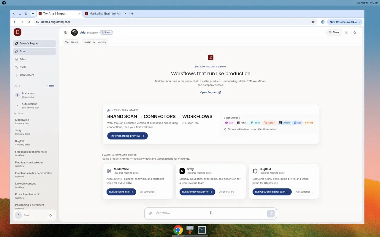 Screenshot of Engram Chat with Ask Aria composer and workflow entry points