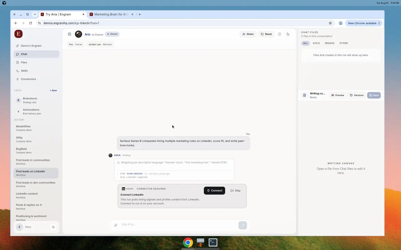 Screenshot of chat workflow execution with Scan LinkedIn step and connector requirements