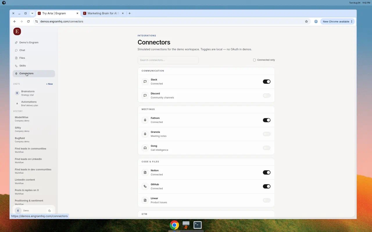 Screenshot of Engram Connectors showing Slack, Discord, Fathom, Granola, Gong, Notion, GitHub, and Linear