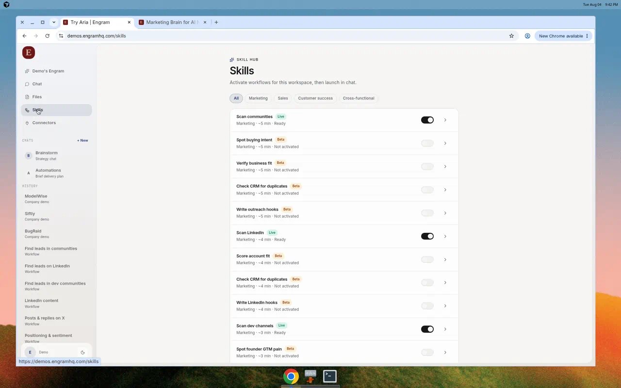 Screenshot of Engram Skills hub listing Scan communities, Scan LinkedIn, and other skills with Live and Beta tags