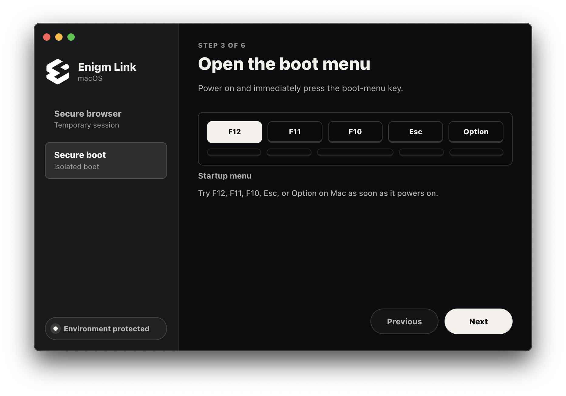 Enigm Link secure boot step three open boot menu