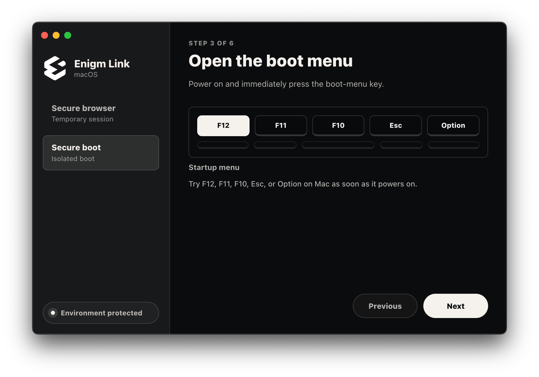 Enigm Link secure boot step three open boot menu