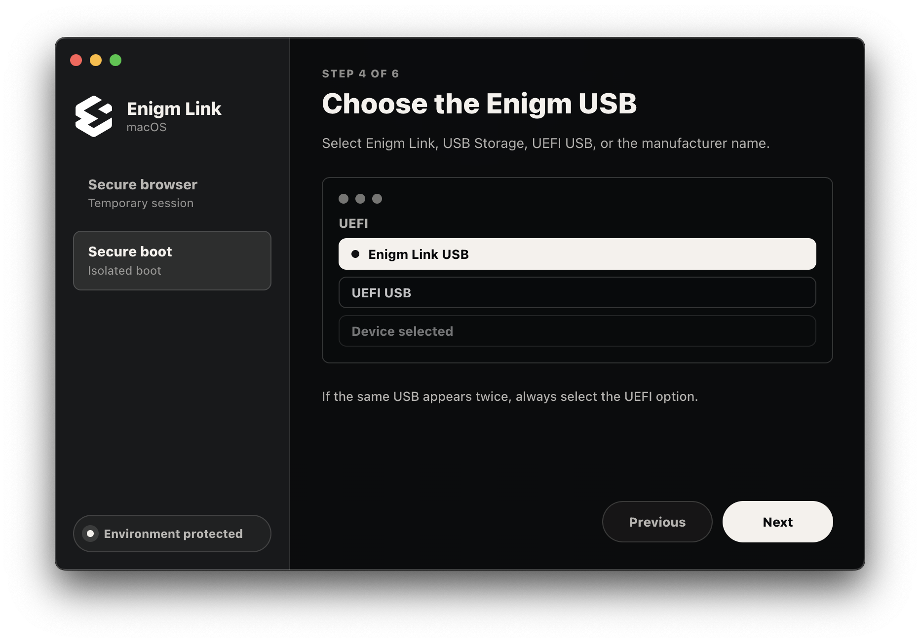 Enigm Link secure boot step four choose the Enigm USB